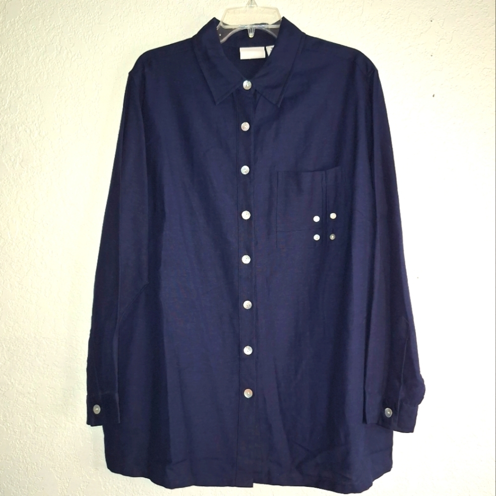C.S.T Sport Women's Linen Blend Navy Blue Button Down Tunic Shirt 18W